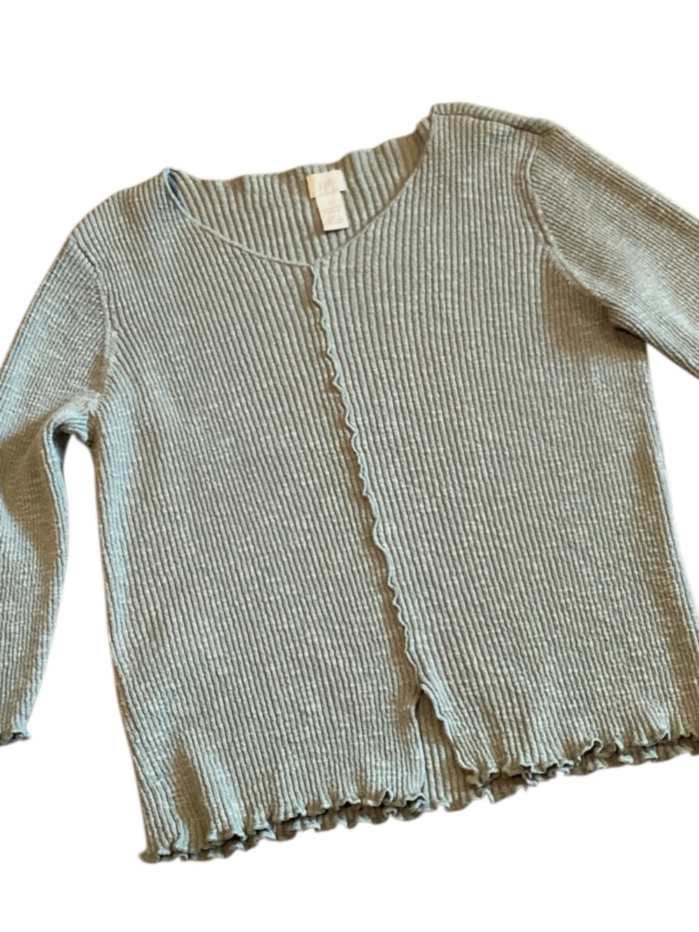 Vintage J Jill Ribbed Lettuce Hem Sweater Sage Green Cotton Y2K Minimalist Large - Picture 9 of 9